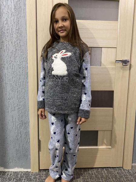 купить Пижама детская и подросток девочка махра+флисс с вышивкой "Зайчик" супер качество от 7 до 14 лет  
