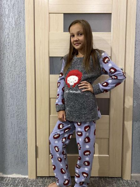 купить Пижама детская и подросток девочка махра+флисс с вышивкой"Ёжик" супер качество от 7 до 14 лет  