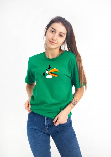 Футболка зелёная женская , мужская злые птички, хлопок 100% плотность 160 г, зелёная футболка Angry Birds
