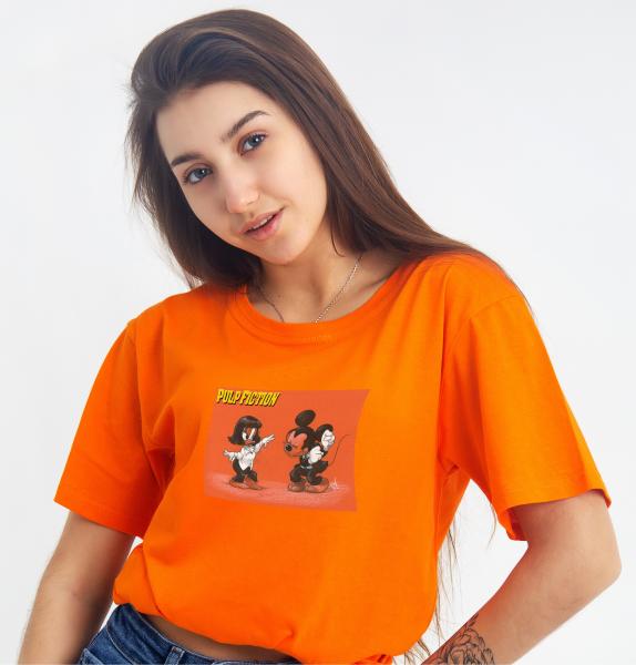 Футболка женская оранжевая pulp fiction , футболка оранжевая женская хлопковая, футболка криминальное чтиво