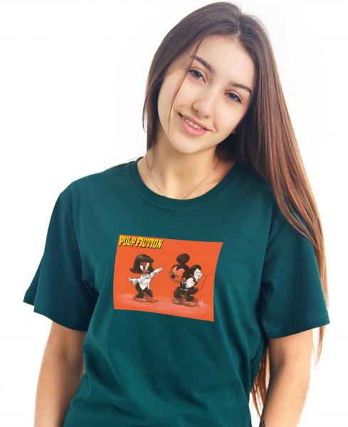 Футболка Женская , мужская тёмно - зеленая Pulp Fiction , модная летняя футболка криминальное чтиво