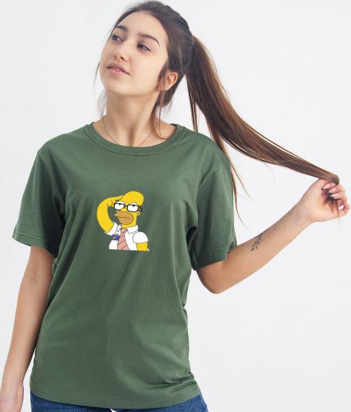 Оливковая футболка Гомер Симпсон ,футболка хаки хлопковая , оливковая футболка Gomer Simpsons