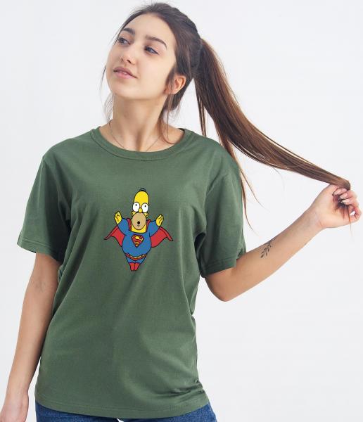 Оливковая футболка супермен Гомер Симпсон ,футболка хаки хлопковая , футболка цвет олива Gomer Simpsons supermen