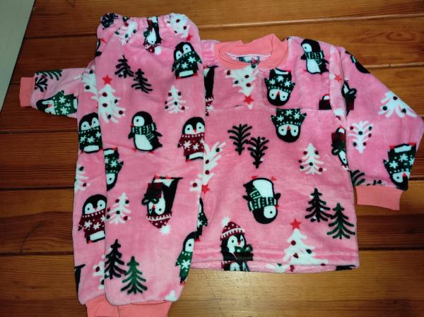 Пижама детская девочке махровая тёплая Пингвины, розовая пижама на зиму девочке с Пингвинами