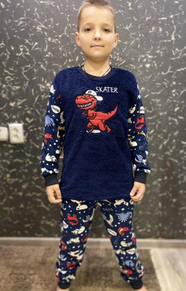 Пижама мальчику детская турецкая 8-17 лет мальчику , махра+флисс динозавр , тёплая пижама детская мальчику