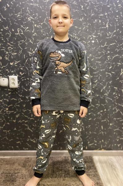 Пижама мальчику детская турецкая 8-17 лет мальчику , махра+флисс динозавр хаки олива