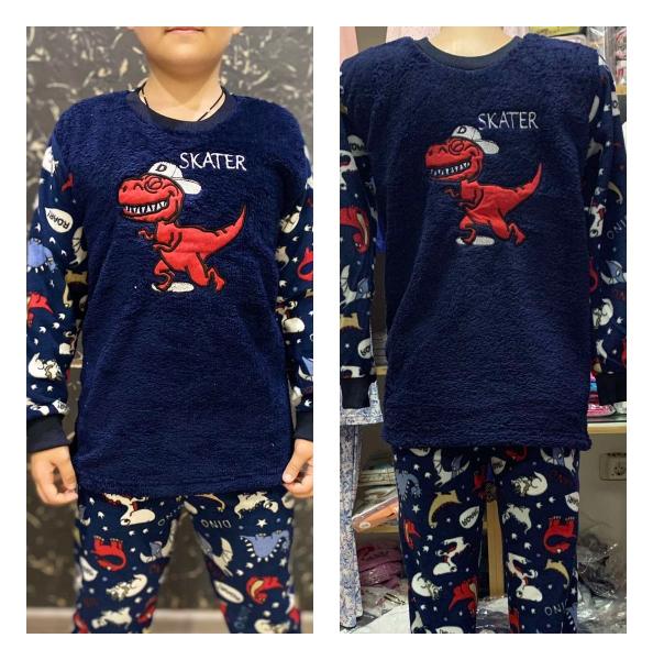 Пижама тёплая детская синяя мальчику махра+флисс  от 3 до 10 лет , турецкая пижама мальчику подростку синий динозавр