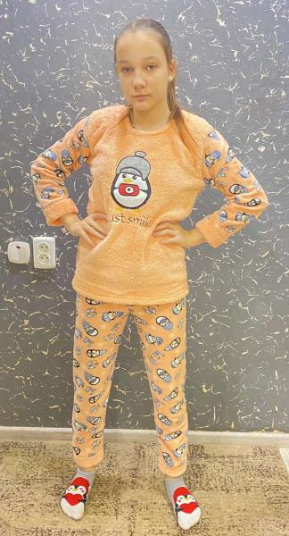 	 Пижама турецкая зимняя девочке оранжевая с пингвином с маской для сна , от 8 лет до XS , тёплая пижама детская