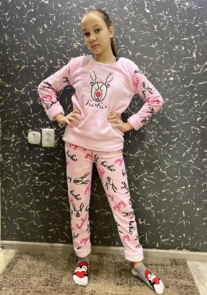 Пижама турецкая зимняя девочке розова с оленем с маской для сна , от 8 лет до XS , тёплая пижама детская