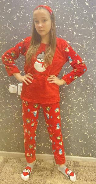 Пижама турецкая зимняя девочке красная снеговик с маской для сна, от 8 лет до XS , тёплая пижама детская