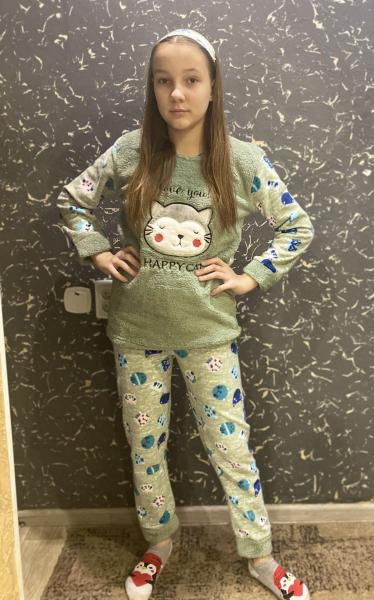 Пижама турецкая зимняя девочке олива, от 8 лет до XS , пижама флиссовая подростковая девочке с маской для сна