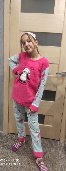 купить Пижама детская и подросток девочка махра+флисс с вышивкой "Пингвин" супер качество от 7 до 15 лет   с маской для сна