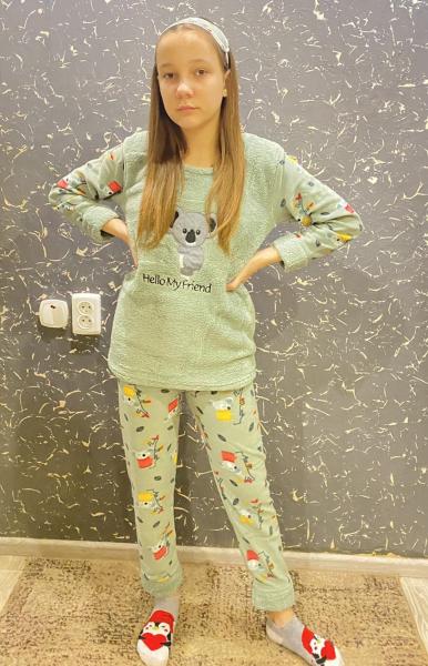 купить Пижама турецкая зимняя девочке олива с Коалой с маской для сна, от 8 лет до XS , тёплая пижама детская