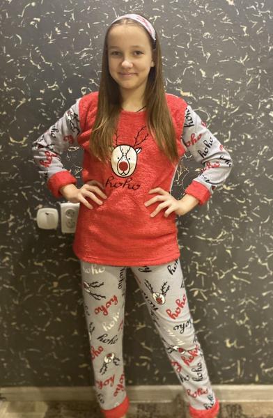 купить Пижама турецкая зимняя девочке красная вышивка олень с маской для сна, от 8 лет до XS