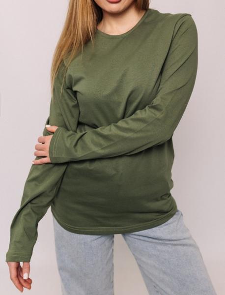 Жіночий лонгслів  кольору олива бавовна без синтетики щільність 160 г на кв м, легка олива хакі однотонна футболка з довгим рукавом унісекс від М до 3XL  Размер M